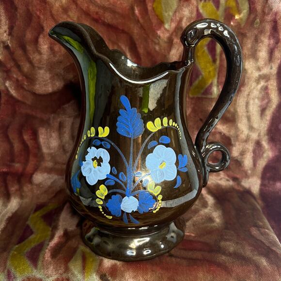 Victorian Allertons Longton Copper Lusterware Jug Pitcher Floral Swan Handle - Picture 1 of 8